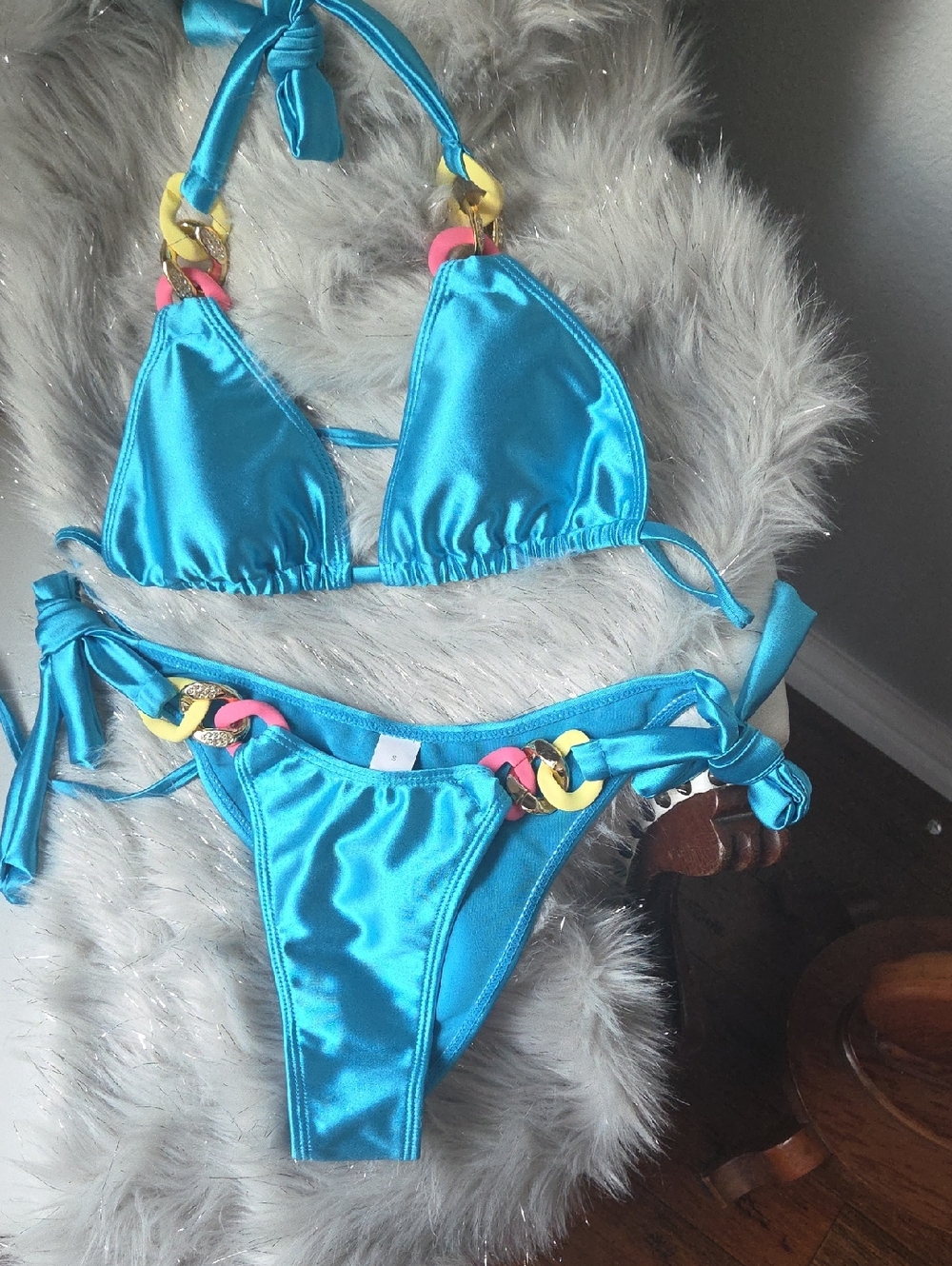 Satin Turquoise String Bikini with Colorful Chain Accents